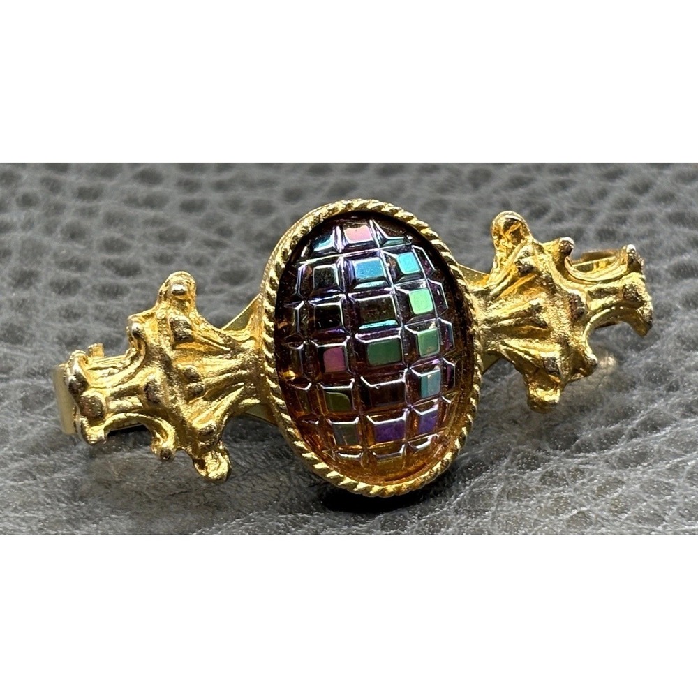 Vintage Iridescent Oil Slick Multicolor Molded Cabochon Scarf Clip Gold Tone